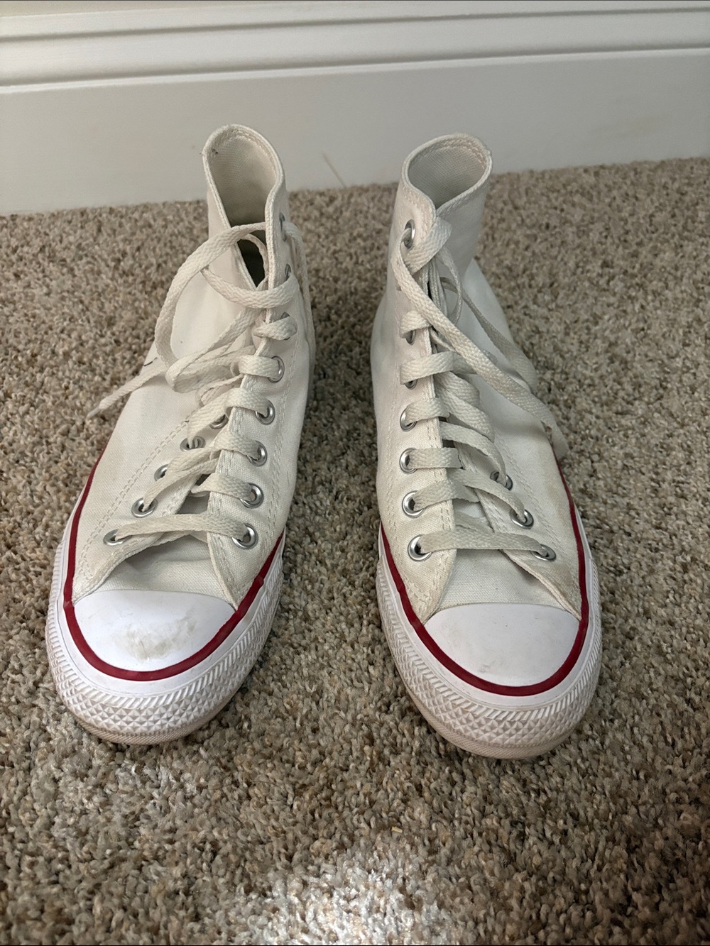 Converse High-Top Canvas Sneakers in White with Red Trim